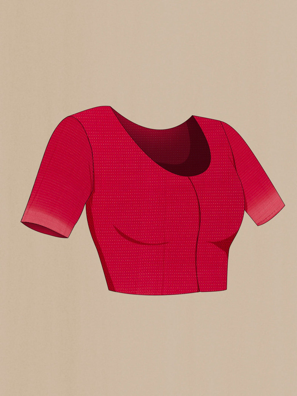 Close up image of the blouse of Red Mysore Chiffon Saree with Embroidery on the body and Zari Border. 