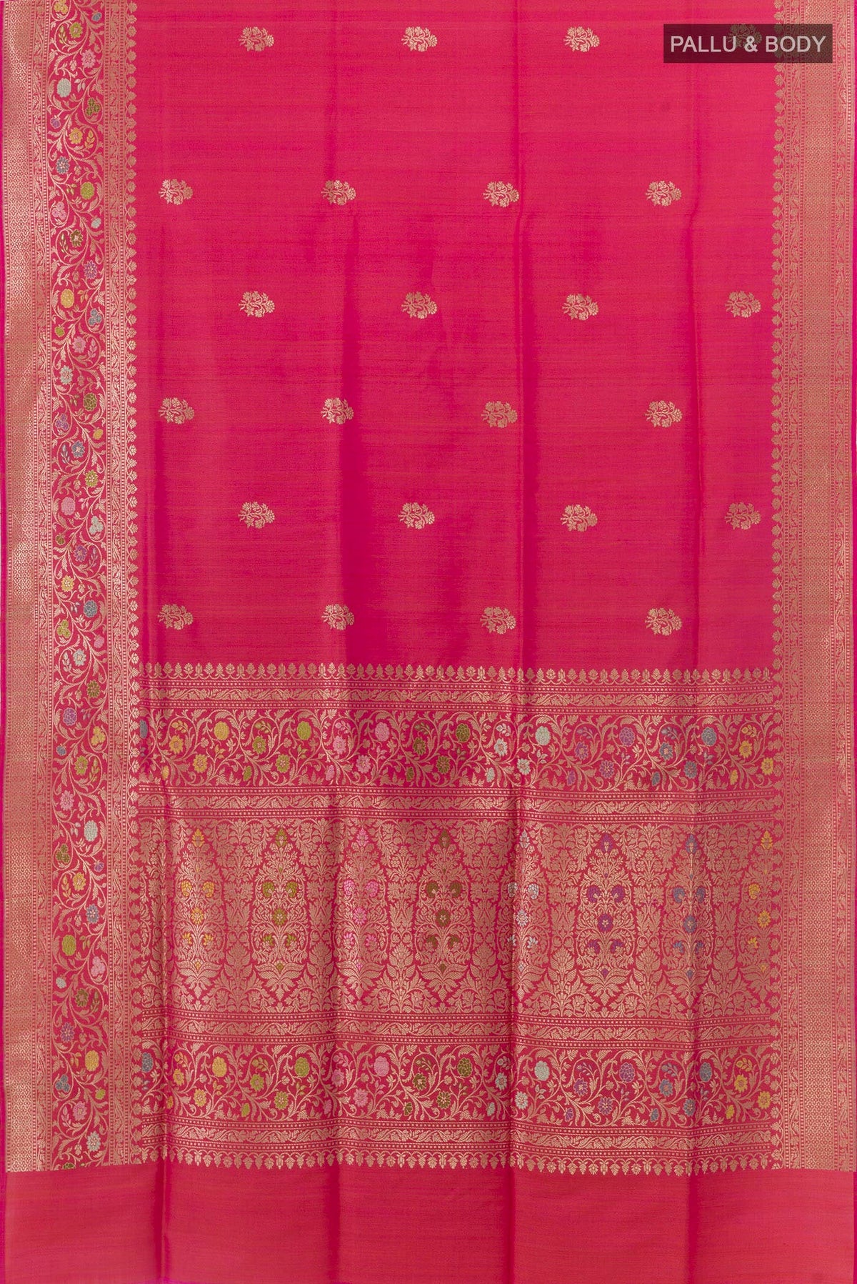 Flat view of Pink Banarasi Silk Saree with Zari Butta on the body and Zari Border. 