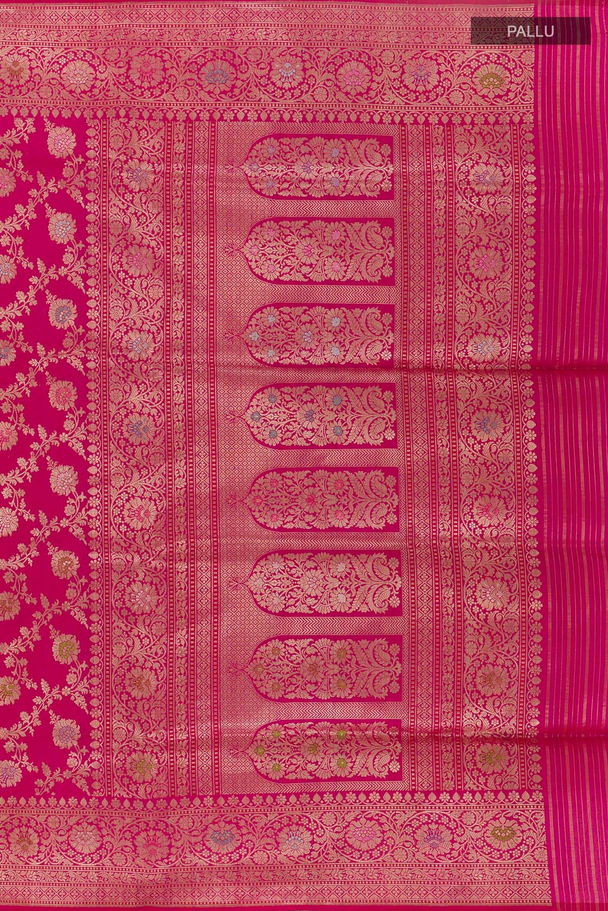 Close up image of the pallu of Pink Banarasi Silk Saree with Zari Brocade on the body and Zari Border. 