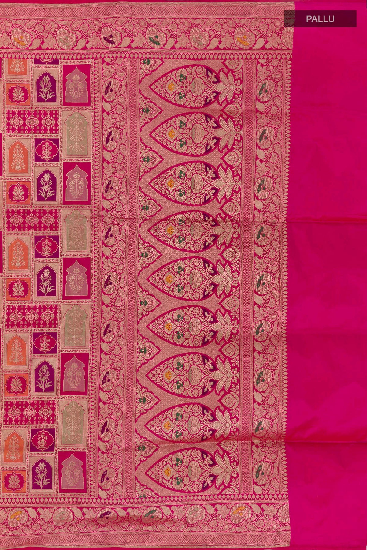 Close up image of the pallu of Multi Color Banarasi Silk Saree with Zari Brocade on the body and Zari Border. 
