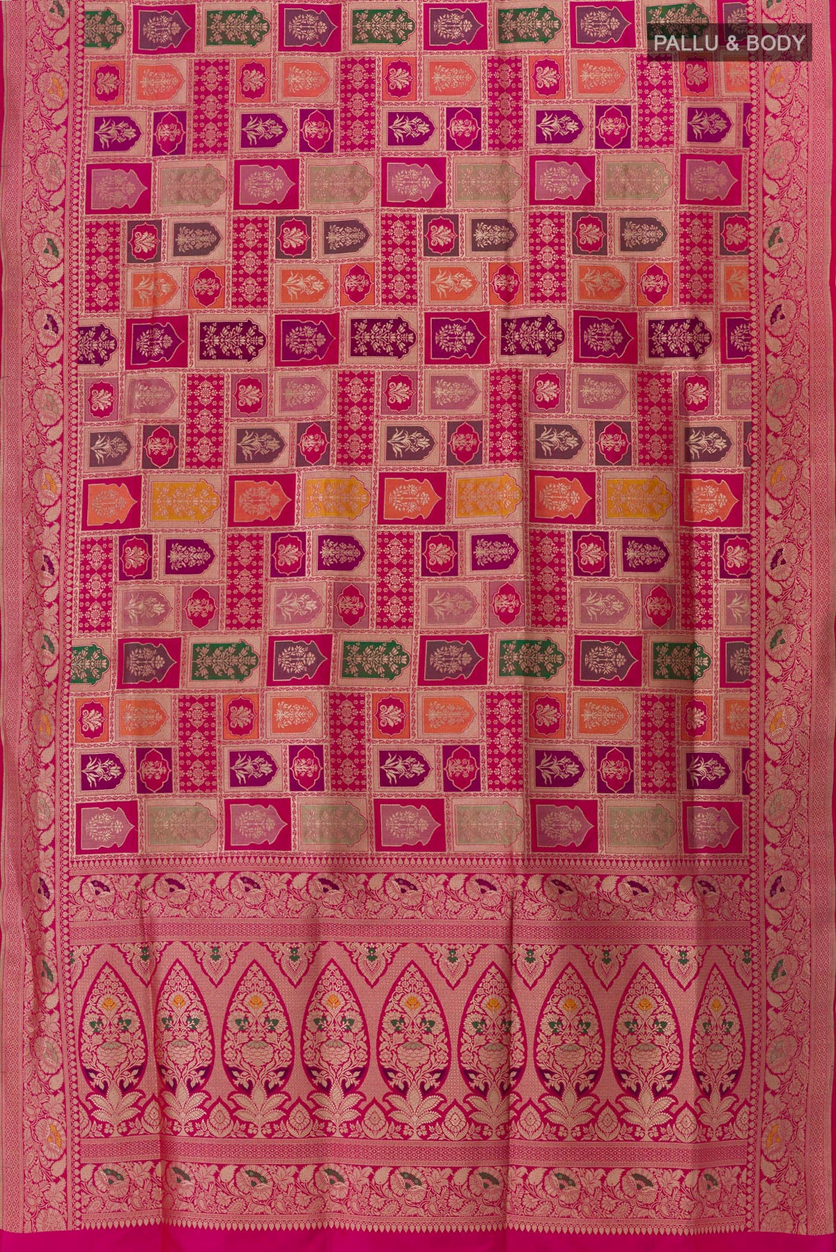 Flat view of Multi Color Banarasi Silk Saree with Zari Brocade on the body and Zari Border. 