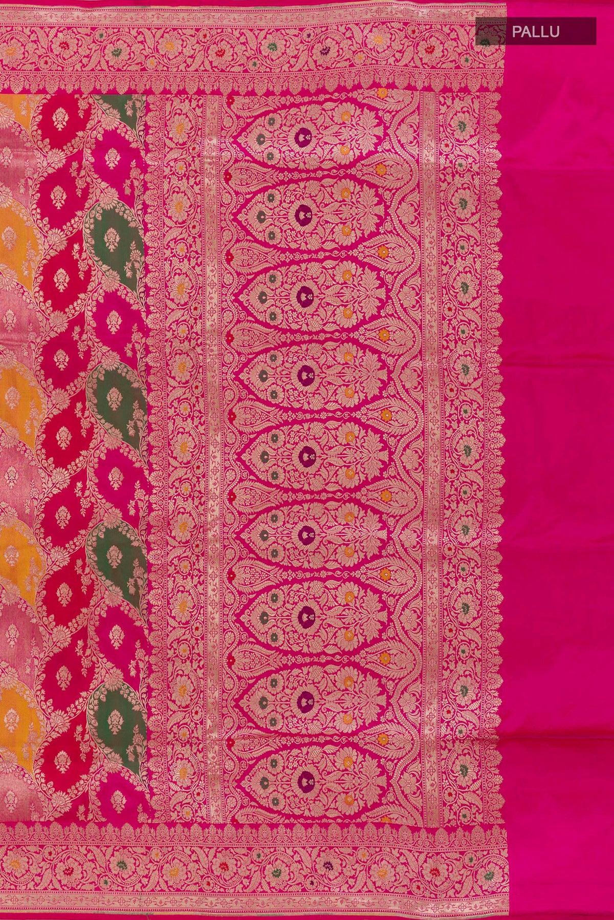 Close up image of the pallu of Multi Color Banarasi Silk Saree with Zari Brocade on the body and Zari Border. 