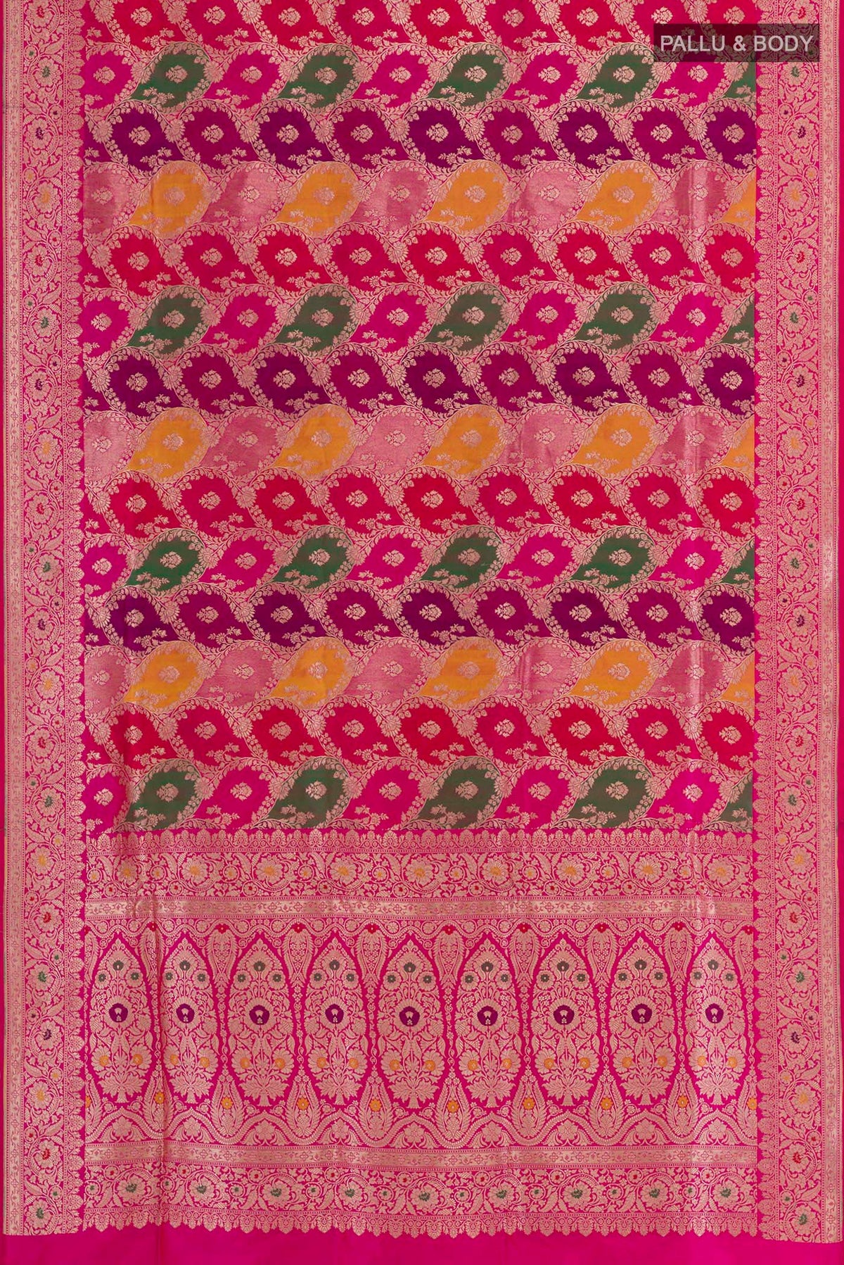 Flat view of Multi Color Banarasi Silk Saree with Zari Brocade on the body and Zari Border. 