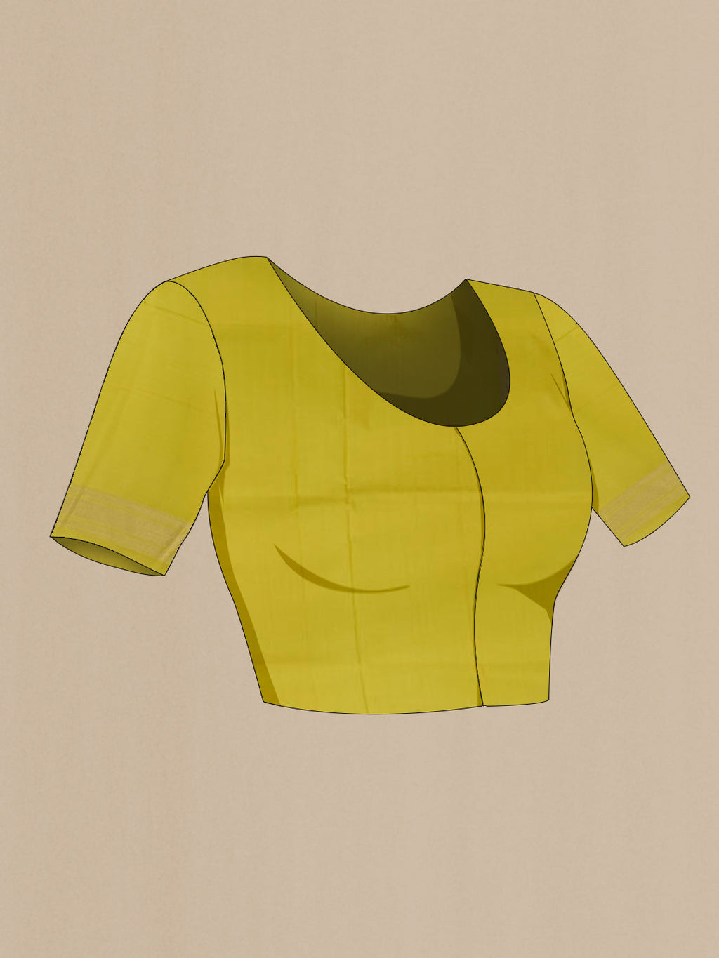 Close up image of the blouse of Yellow Banarasi Silk Saree with Zari Brocade on the body and Zari Border. 