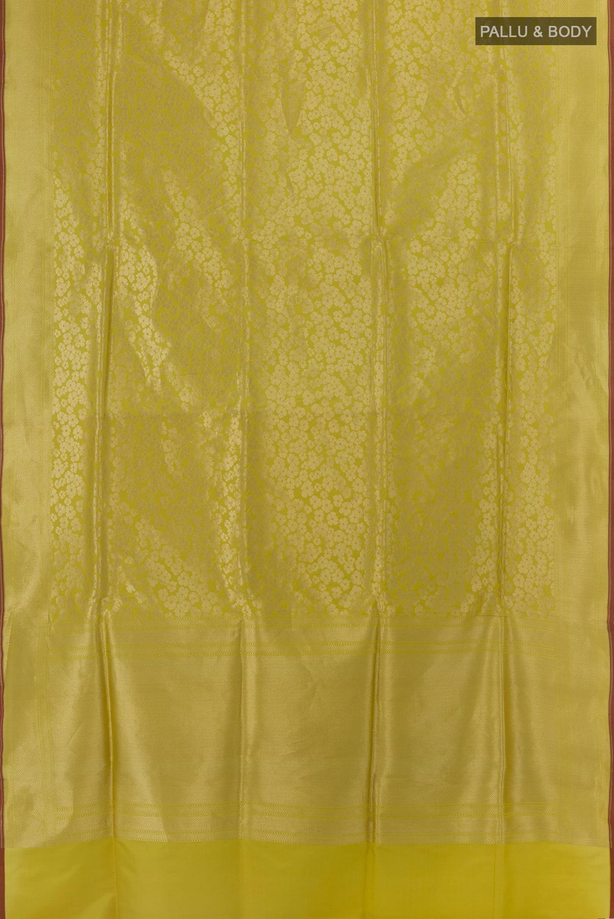Flat view of Yellow Banarasi Silk Saree with Zari Brocade on the body and Zari Border. 