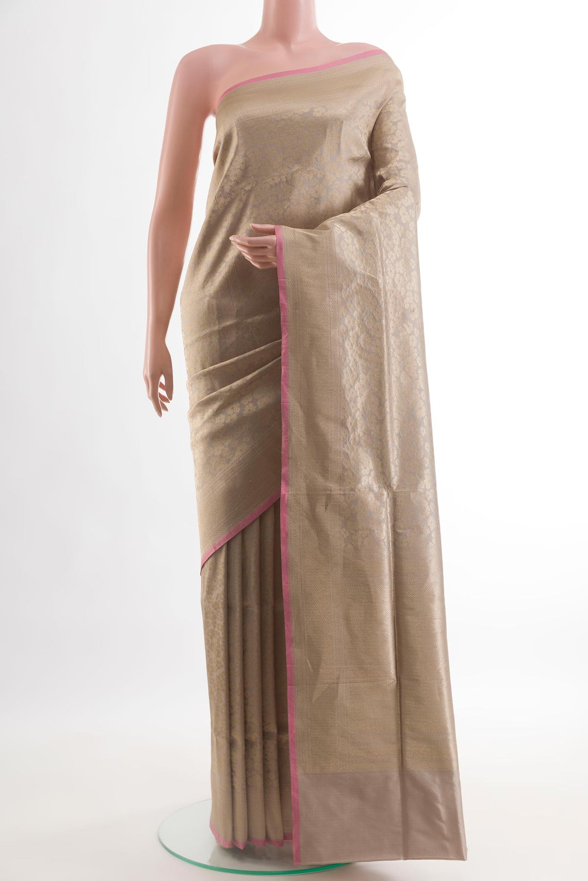 Grey Banarasi Silk Saree with Zari Brocade on the body and Zari Border.  displayed on a mannequin