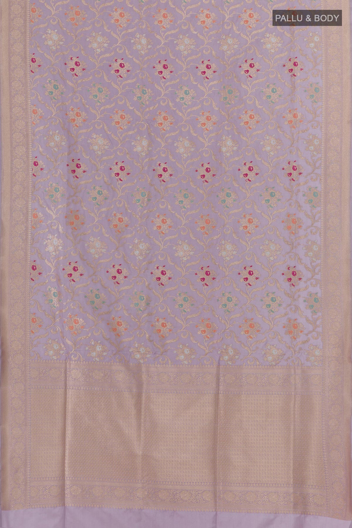 Flat view of Lavender Banarasi Silk Saree with Zari Brocade on the body and Zari Border. 