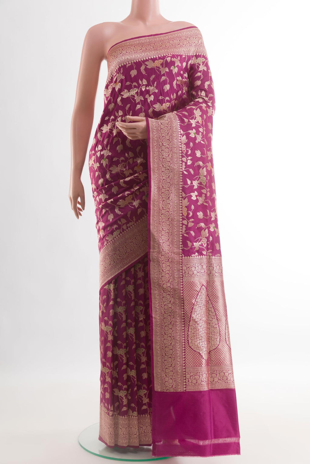 Purple Banarasi Silk Saree with Zari Brocade on the body and Zari Border.  displayed on a mannequin