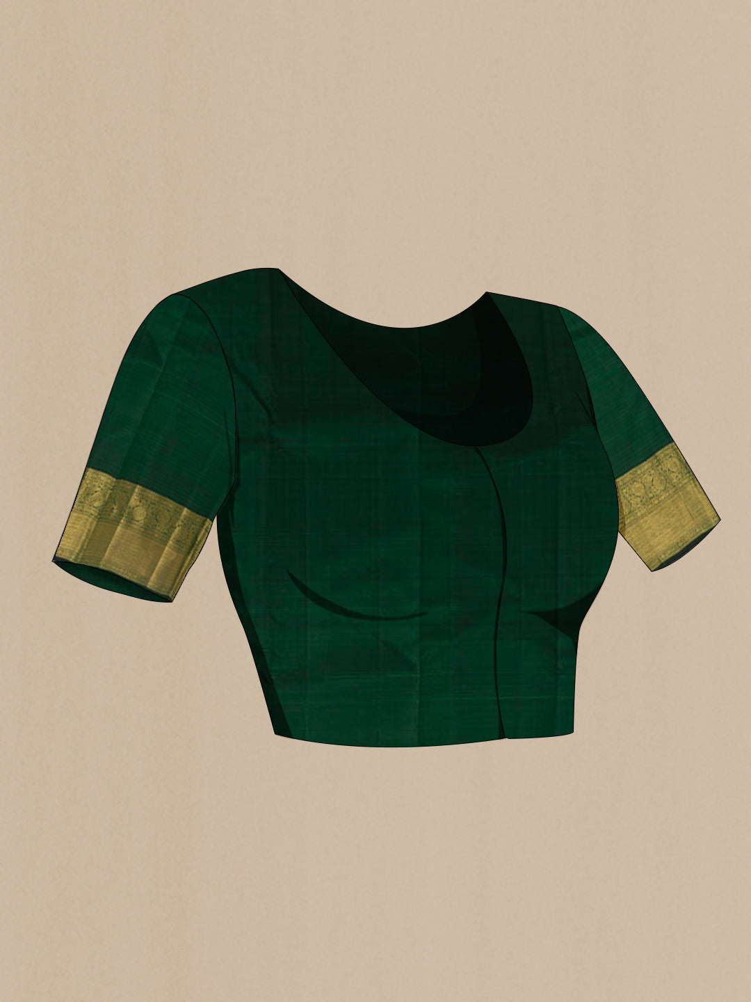 Close up image of the blouse of Bottle Green Kanchipuram Silk Saree with Zari Brocade on the body and Zari Border. 