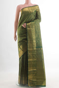 Bottle Green Kanchipuram Silk Saree with Zari Brocade on the body and Zari Border.  displayed on a mannequin