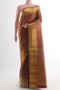Maroon Kanchipuram Silk Saree with Zari Brocade on the body and Zari Border.  displayed on a mannequin