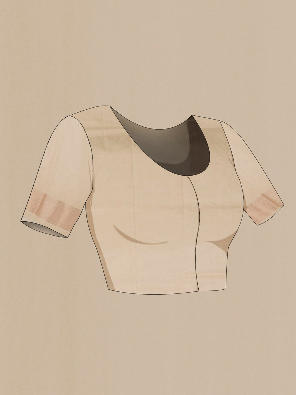 Close up image of the blouse of Cream Banarasi Silk Saree with Zari Brocade on the body and Zari Border. 