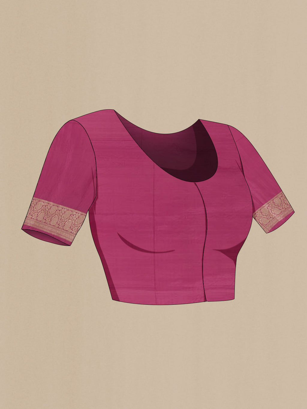 Close up image of the blouse of Pink Banarasi Silk Saree with Zari Brocade on the body and Zari Border. 