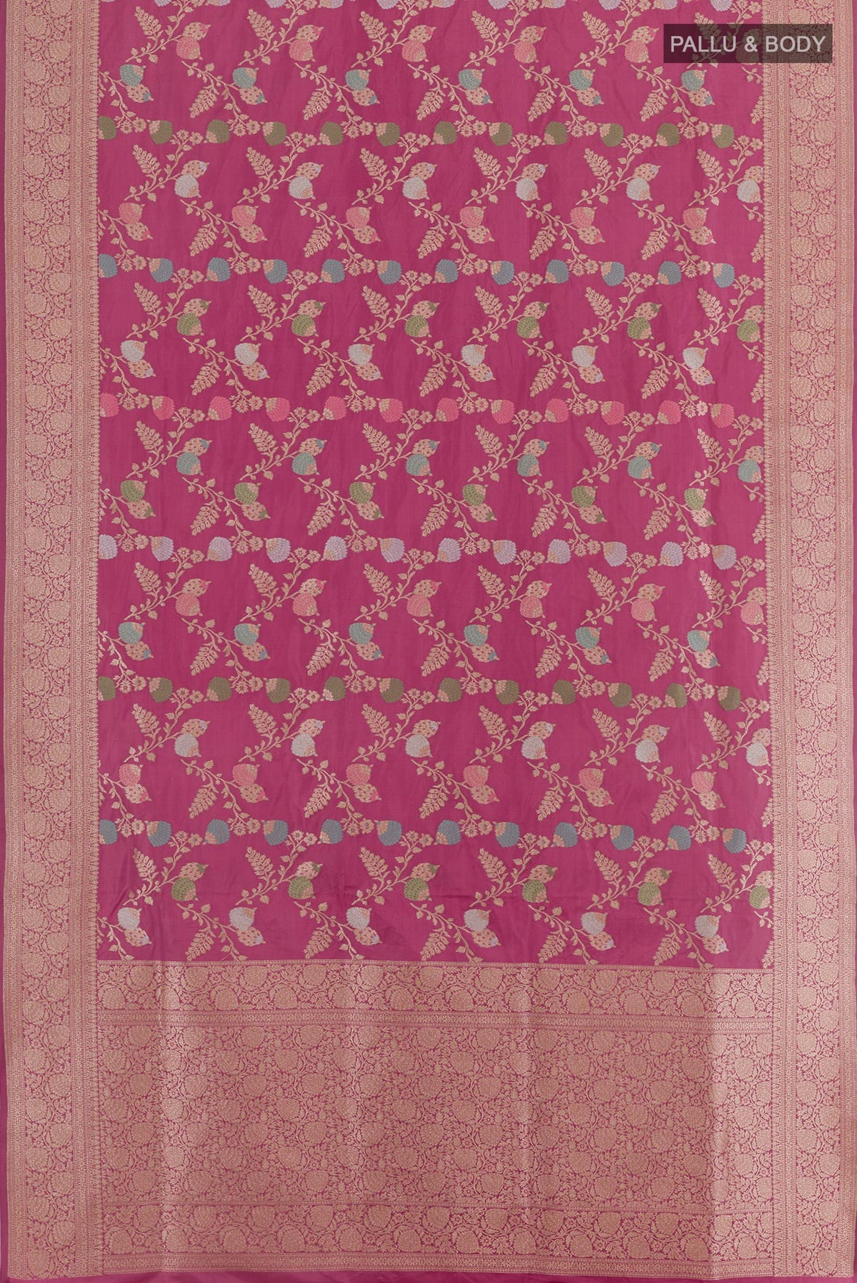 Flat view of Pink Banarasi Silk Saree with Zari Brocade on the body and Zari Border. 