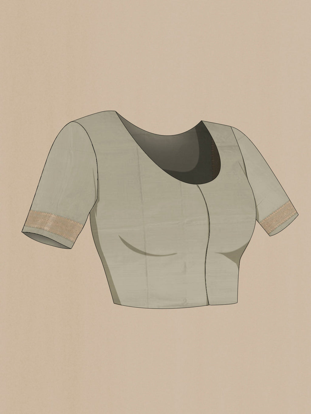 Close up image of the blouse of Grey Banarasi Silk Saree with Zari Brocade on the body and Zari Border. 