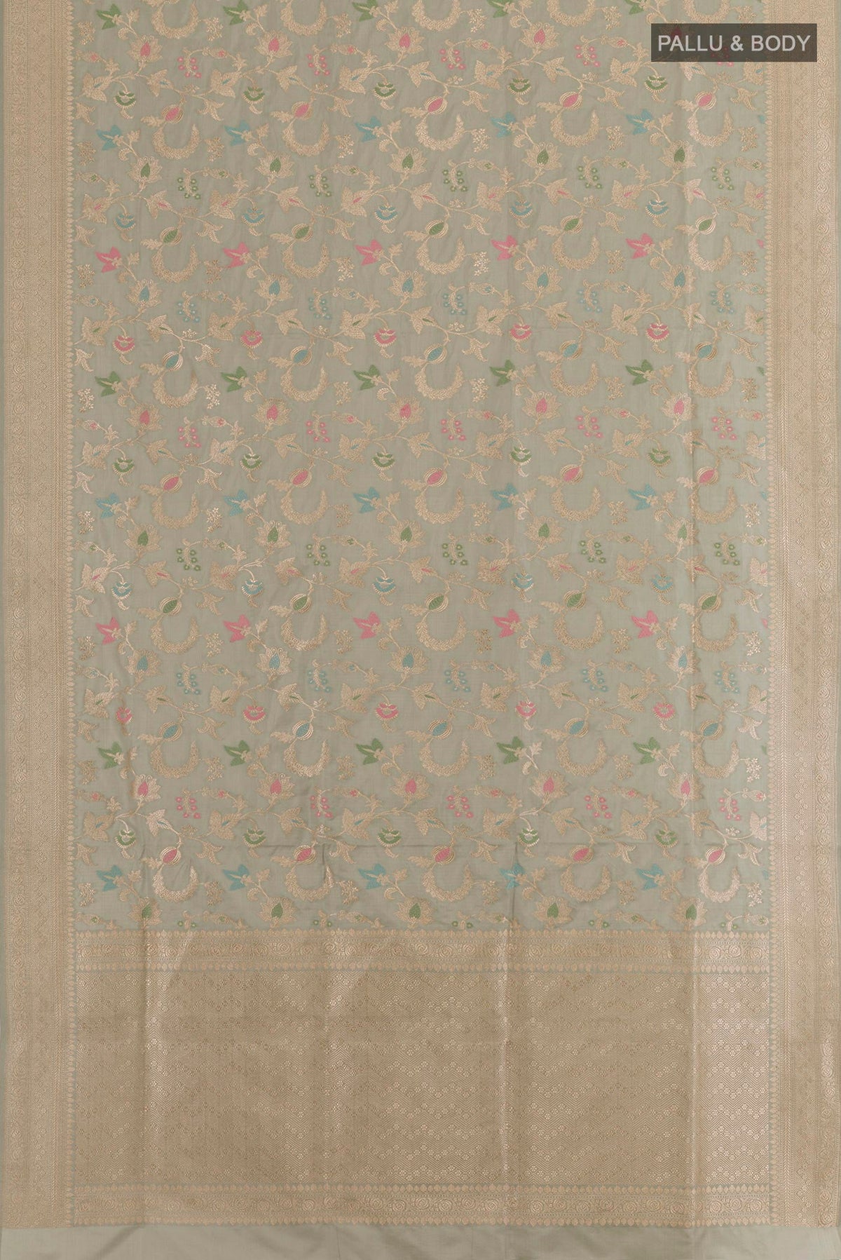 Flat view of Grey Banarasi Silk Saree with Zari Brocade on the body and Zari Border. 