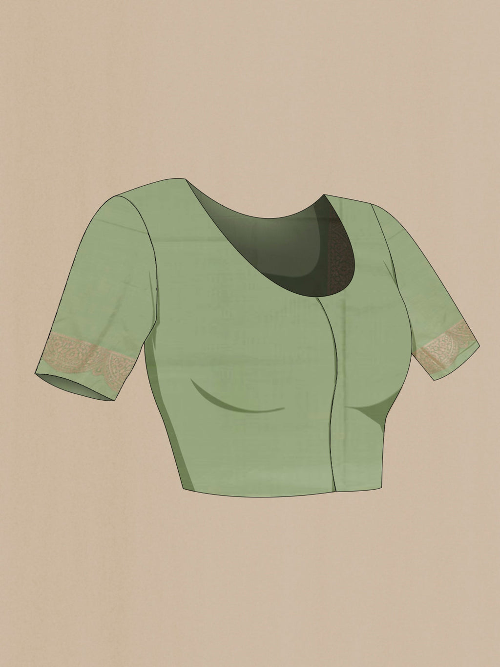Close up image of the blouse of Light Green Banarasi Silk Saree with Zari Brocade on the body and Zari Border. 