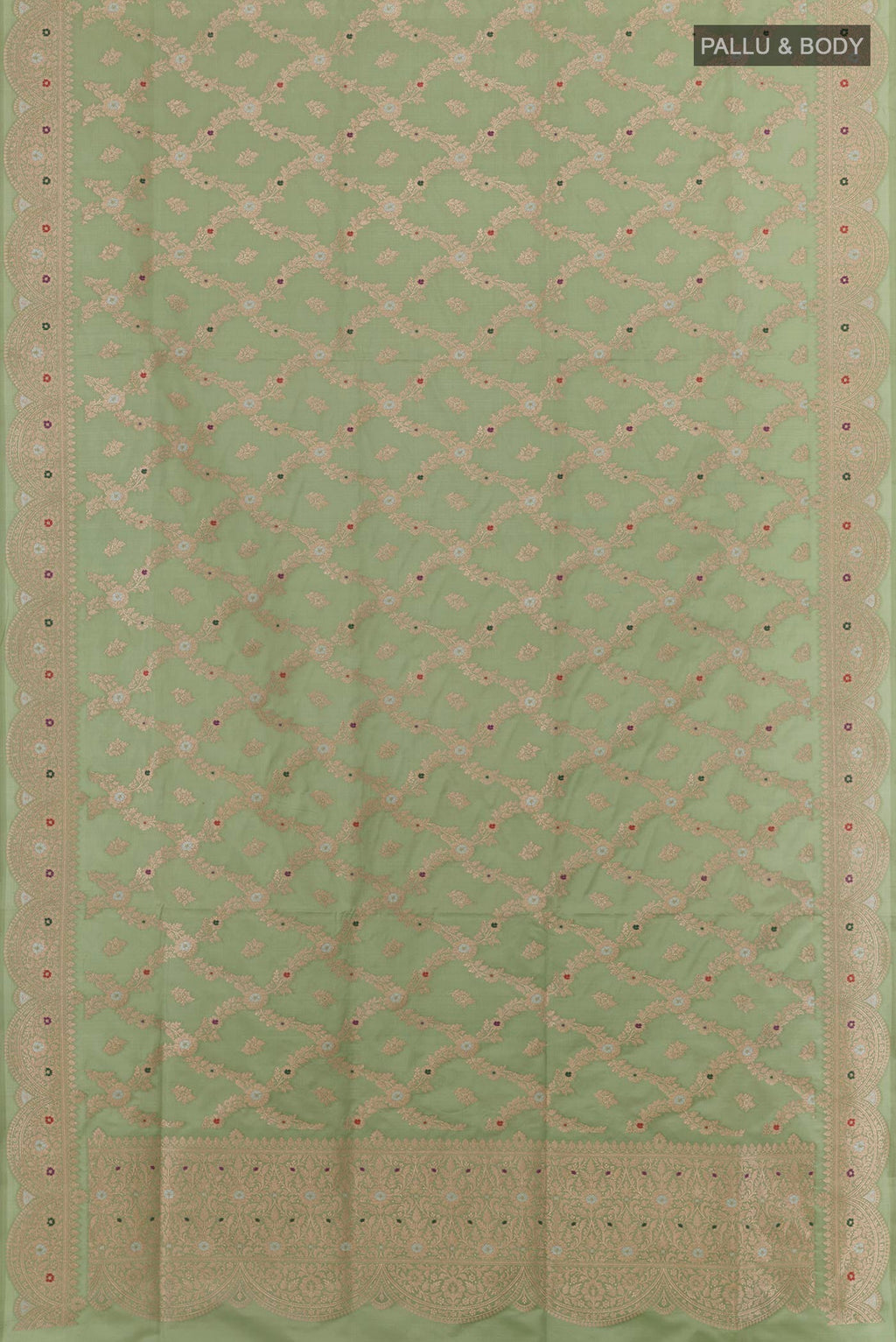Flat view of Light Green Banarasi Silk Saree with Zari Brocade on the body and Zari Border. 