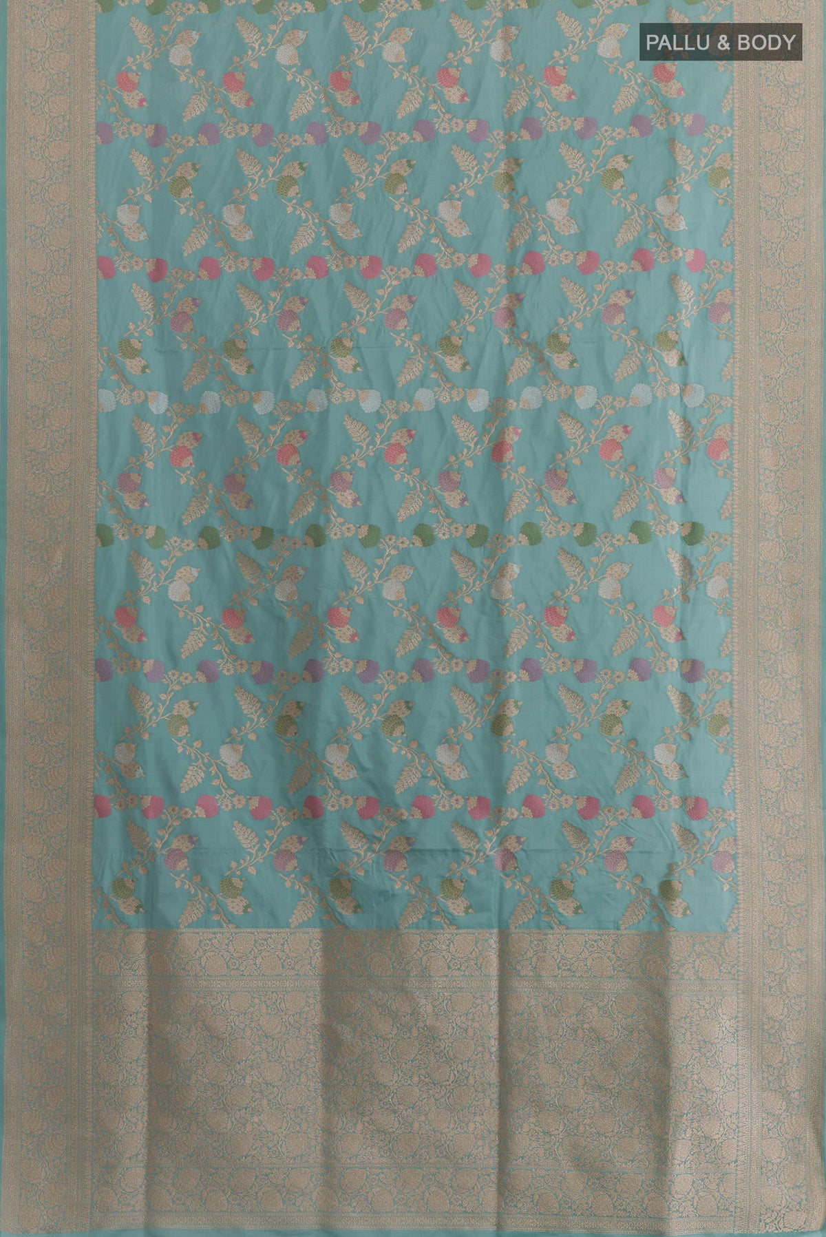 Flat view of Blue Banarasi Silk Saree with Zari Brocade on the body and Zari Border. 
