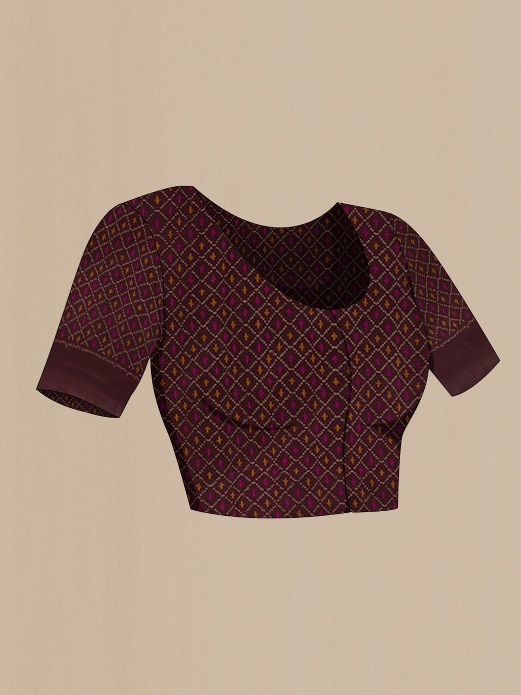 Close up image of the blouse of Brown Pochampally Silk Saree with Plain Body and Ikat Border. 