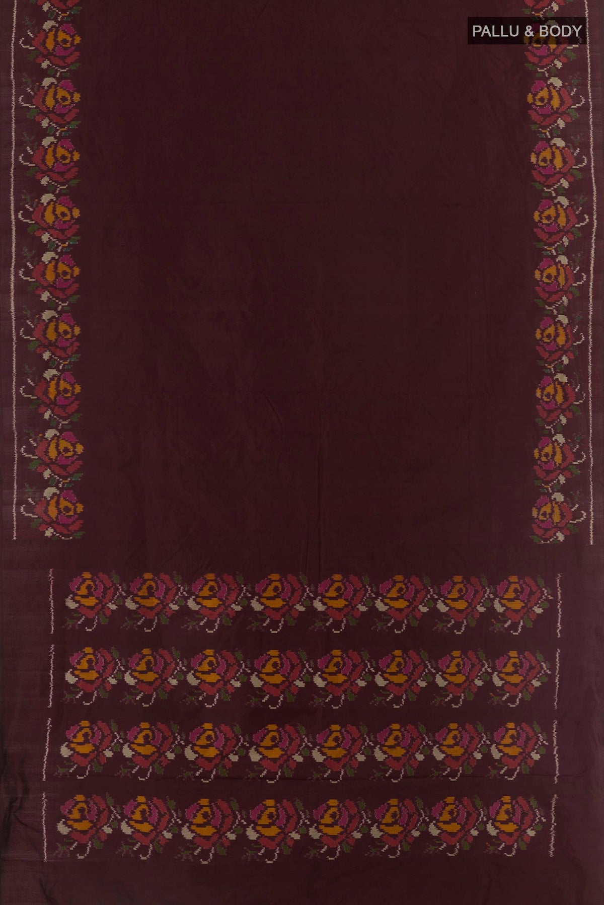 Flat view of Brown Pochampally Silk Saree with Plain Body and Ikat Border. 