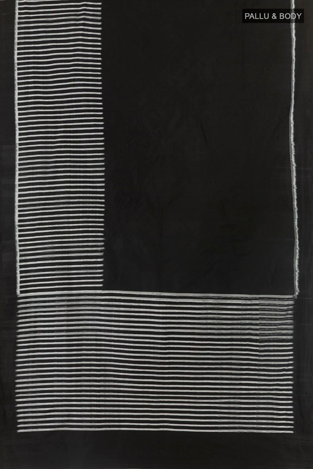 Flat view of Black Pochampally Silk Saree with Stripes on the body and Plain Border. 
