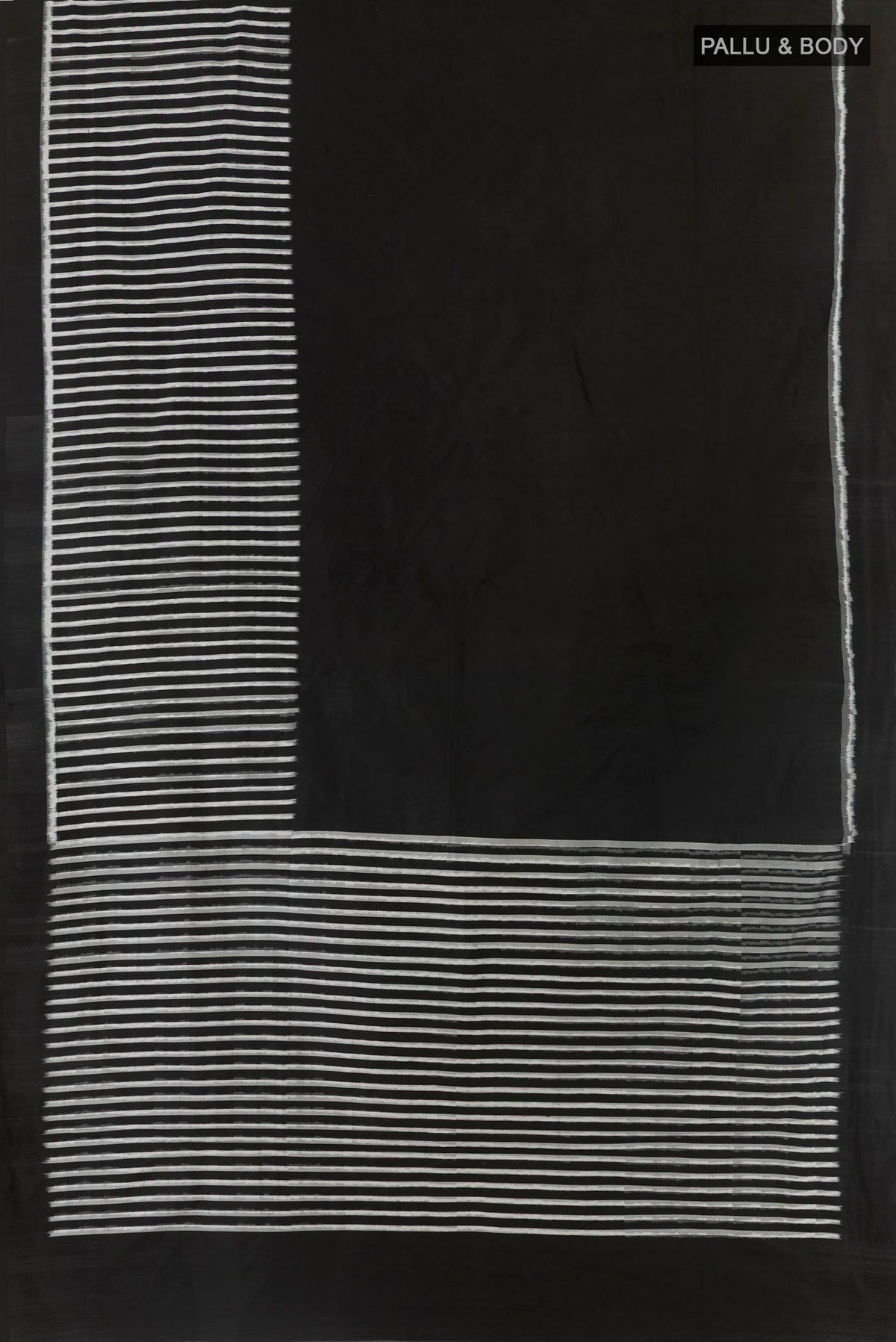 Flat view of Black Pochampally Silk Saree with Stripes on the body and Plain Border. 