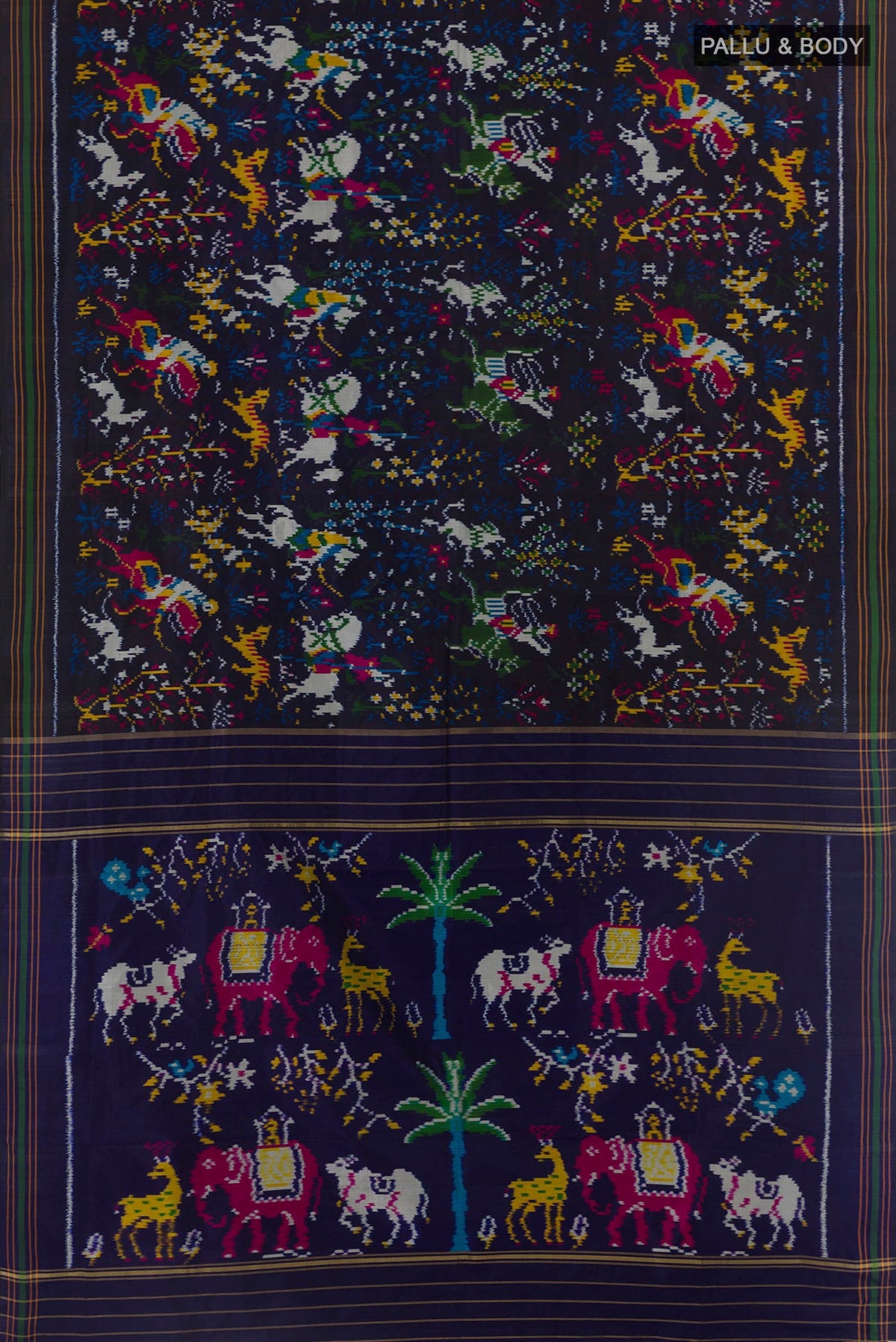 Flat view of Navy Blue Pochampally Silk Saree with Pure Ikat on the body and Plain Border. 