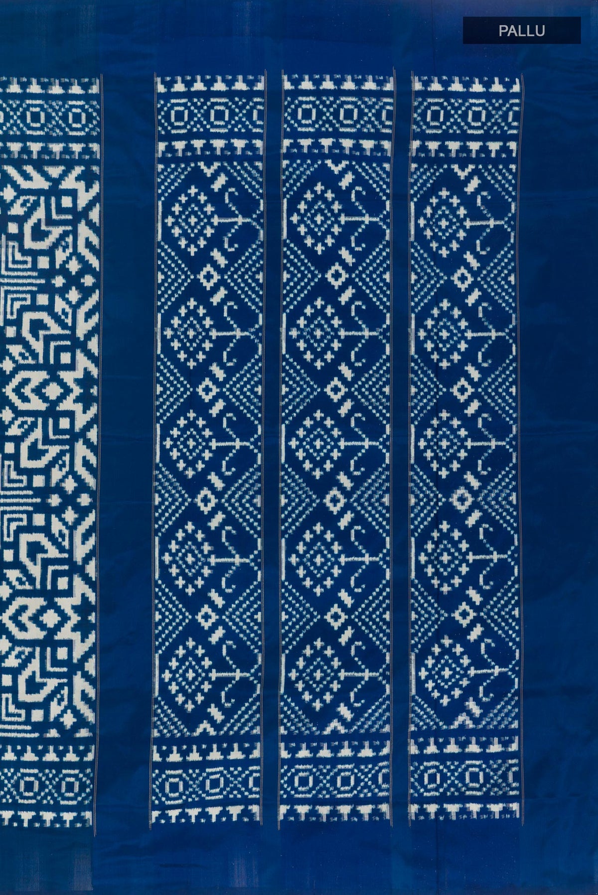 Close up image of the pallu of Blue Pochampally Silk Saree with Pure Ikat on the body and Ikat Border. 