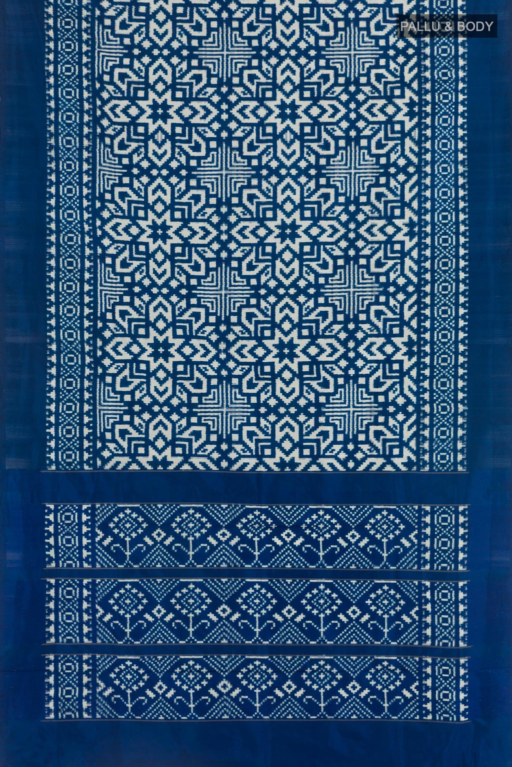 Flat view of Blue Pochampally Silk Saree with Pure Ikat on the body and Ikat Border. 