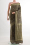 Mehandi Green Mysore Crepe Saree with Embroidery on the body and Zari Border.  displayed on a mannequin