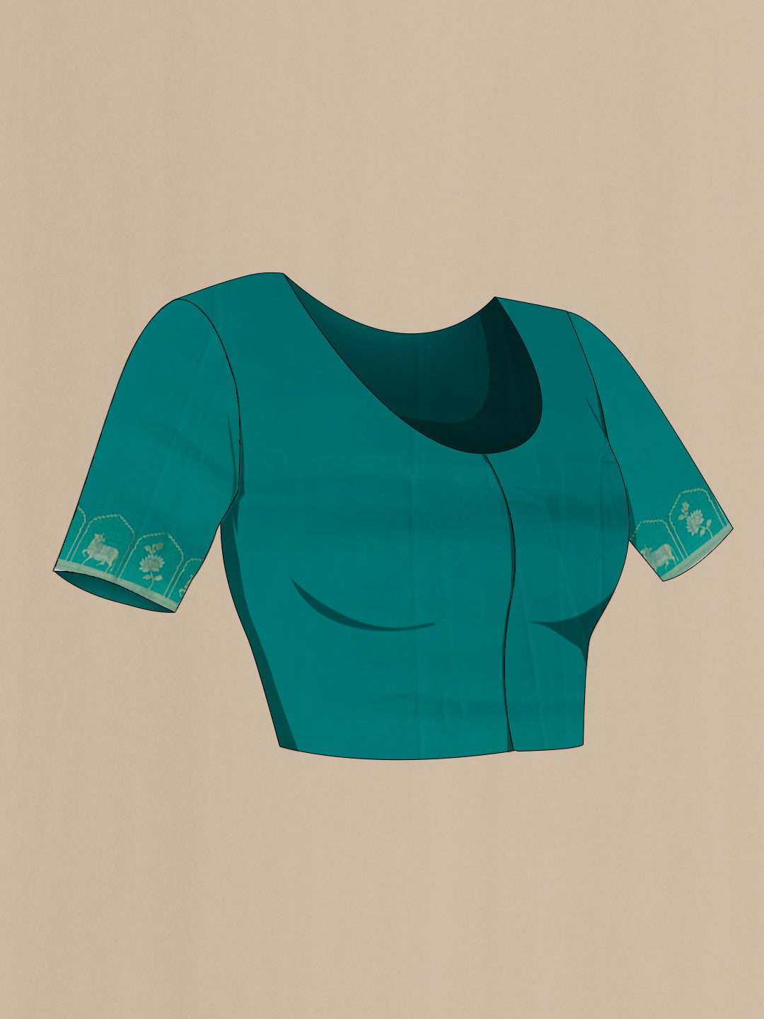 Close up image of the blouse of Sea Green Mysore Crepe Saree with Zari Butta on the body and Zari Border. 