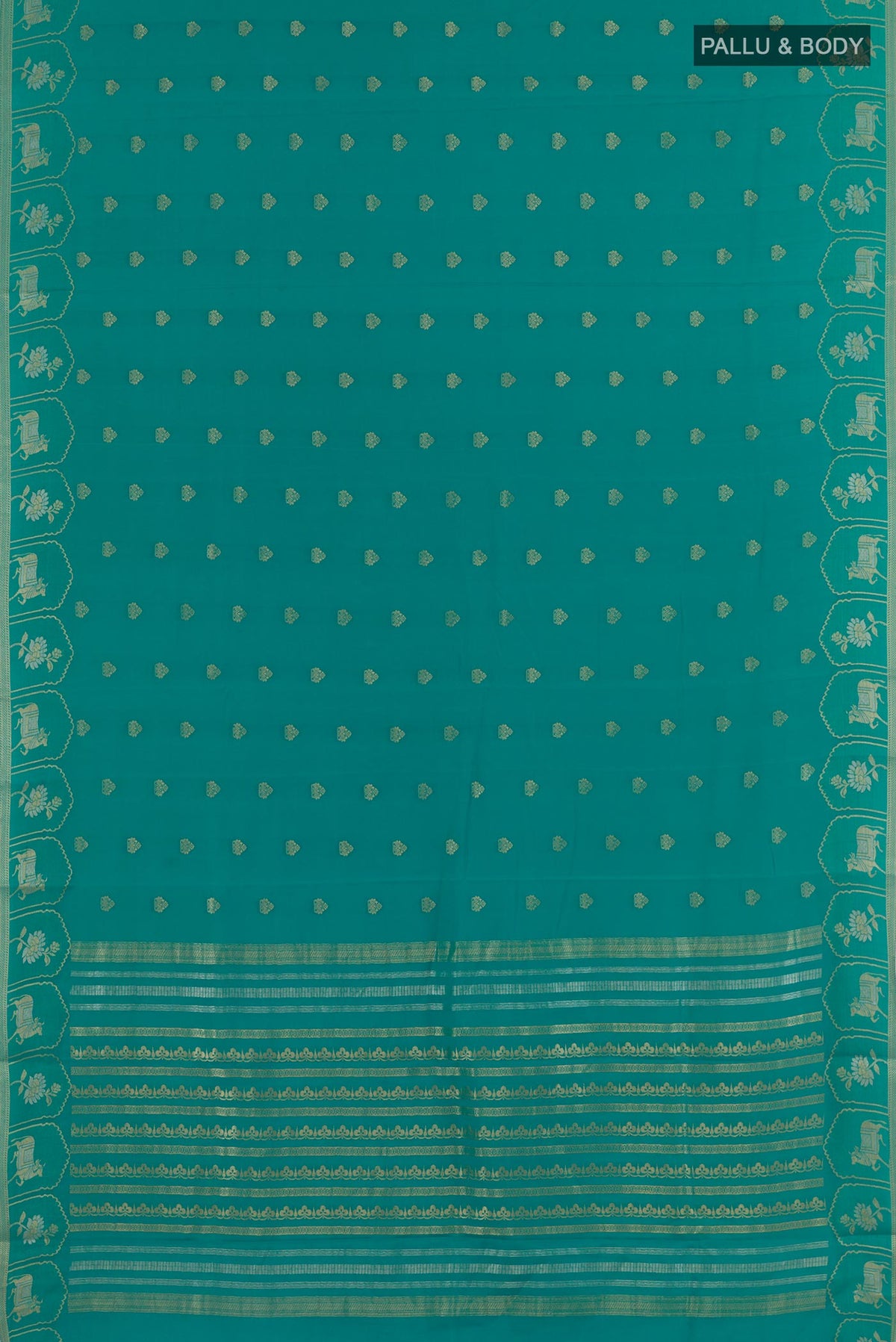Flat view of Sea Green Mysore Crepe Saree with Zari Butta on the body and Zari Border. 