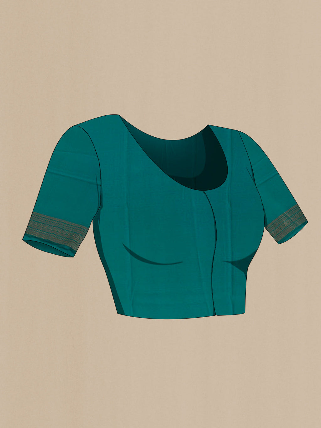 Close up image of the blouse of Teal Mysore Crepe Saree with Zari Brocade on the body and Zari Border. 