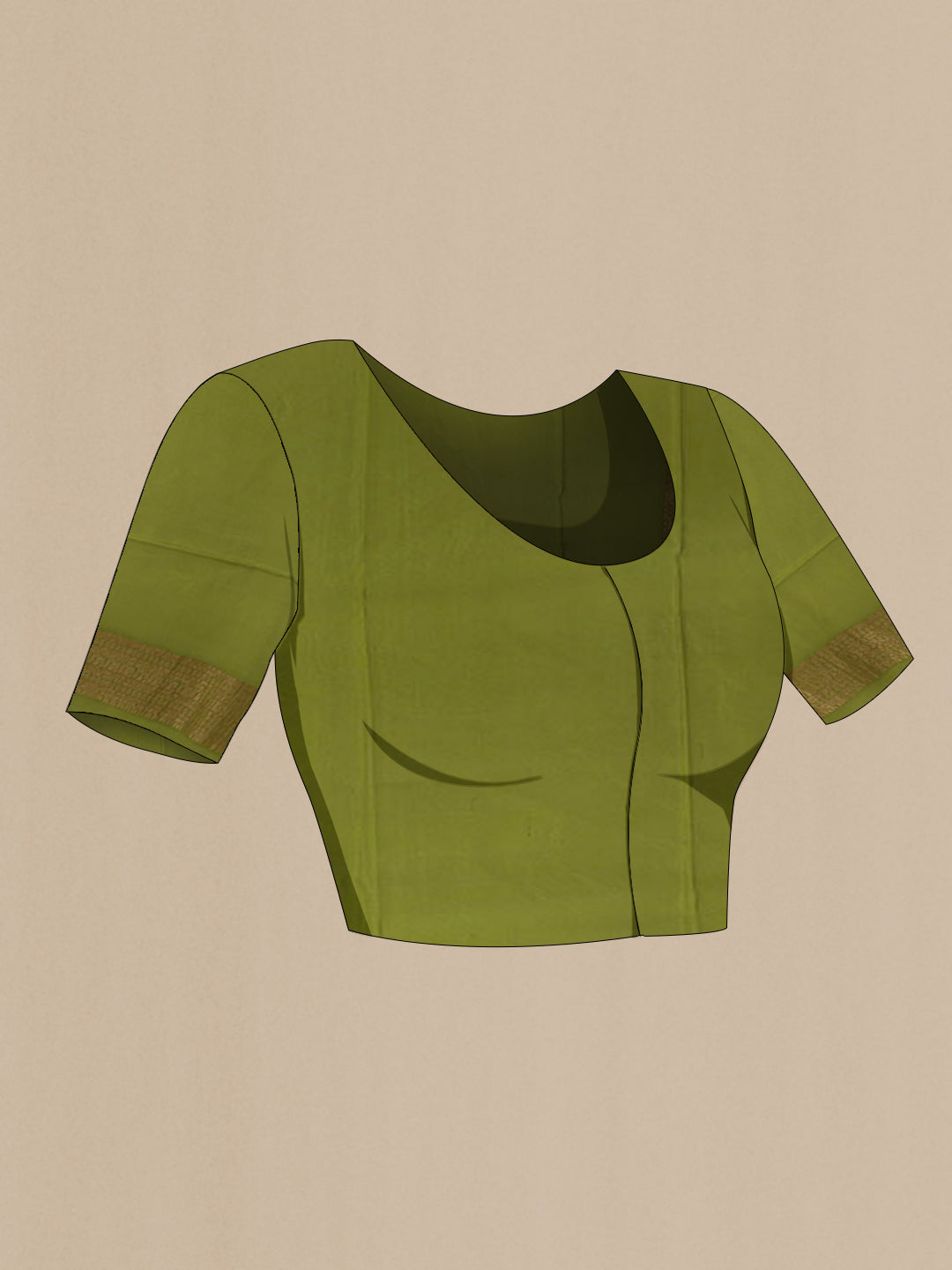 Close up image of the blouse of Mehandi Green Mysore Crepe Saree with Zari Brocade on the body and Zari Border. 