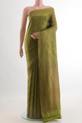 Mehandi Green Mysore Crepe Saree with Zari Brocade on the body and Zari Border.  displayed on a mannequin