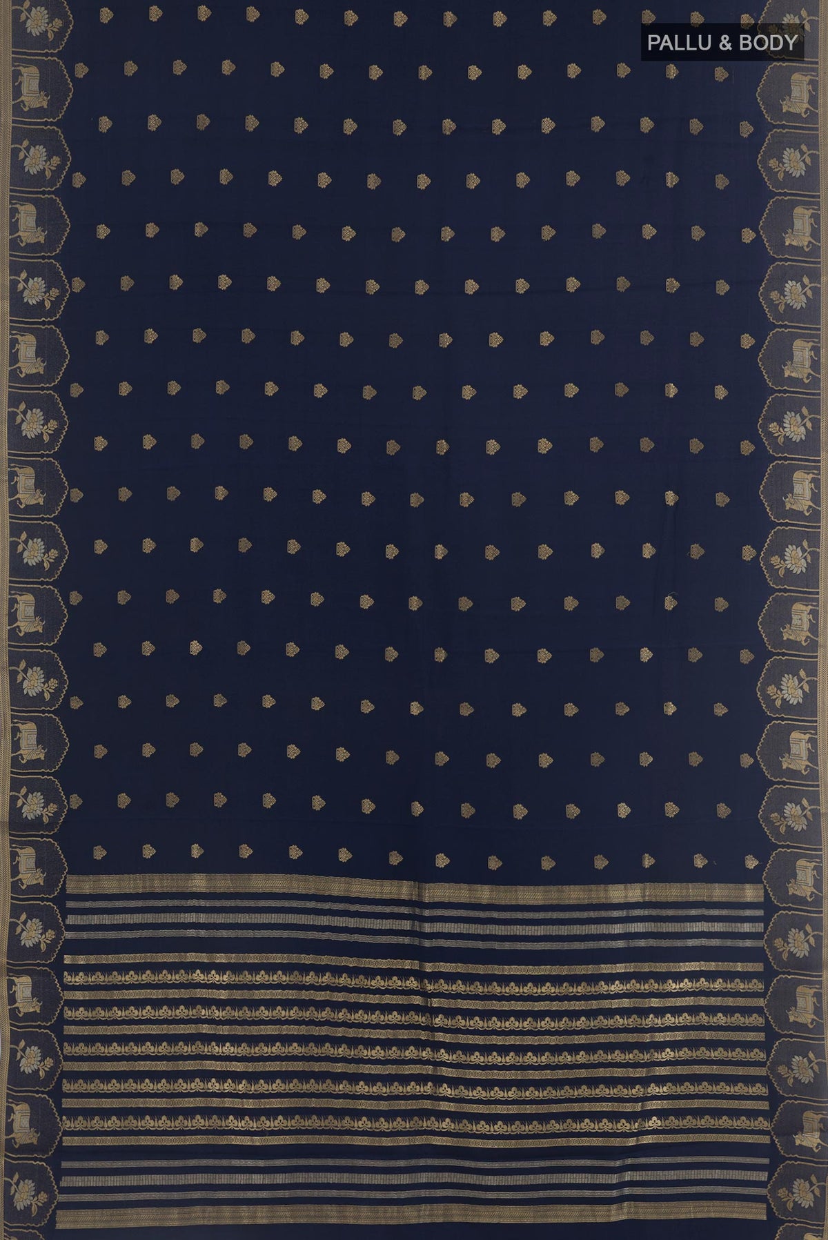 Flat view of Navy Blue Mysore Crepe Saree with Zari Butta on the body and Zari Border. 