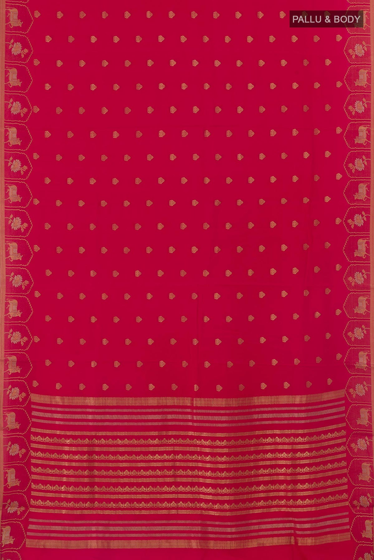 Flat view of Pink Mysore Crepe Saree with Zari Butta on the body and Zari Border. 