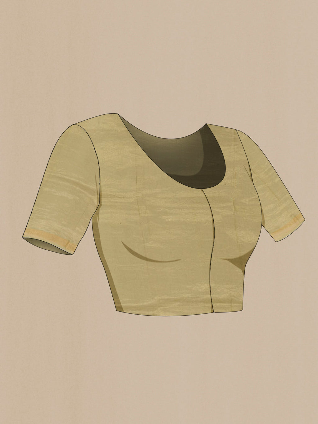Close up image of the blouse of Beige Tussar Silk Saree with Embroidery on the body and Zari Border. 