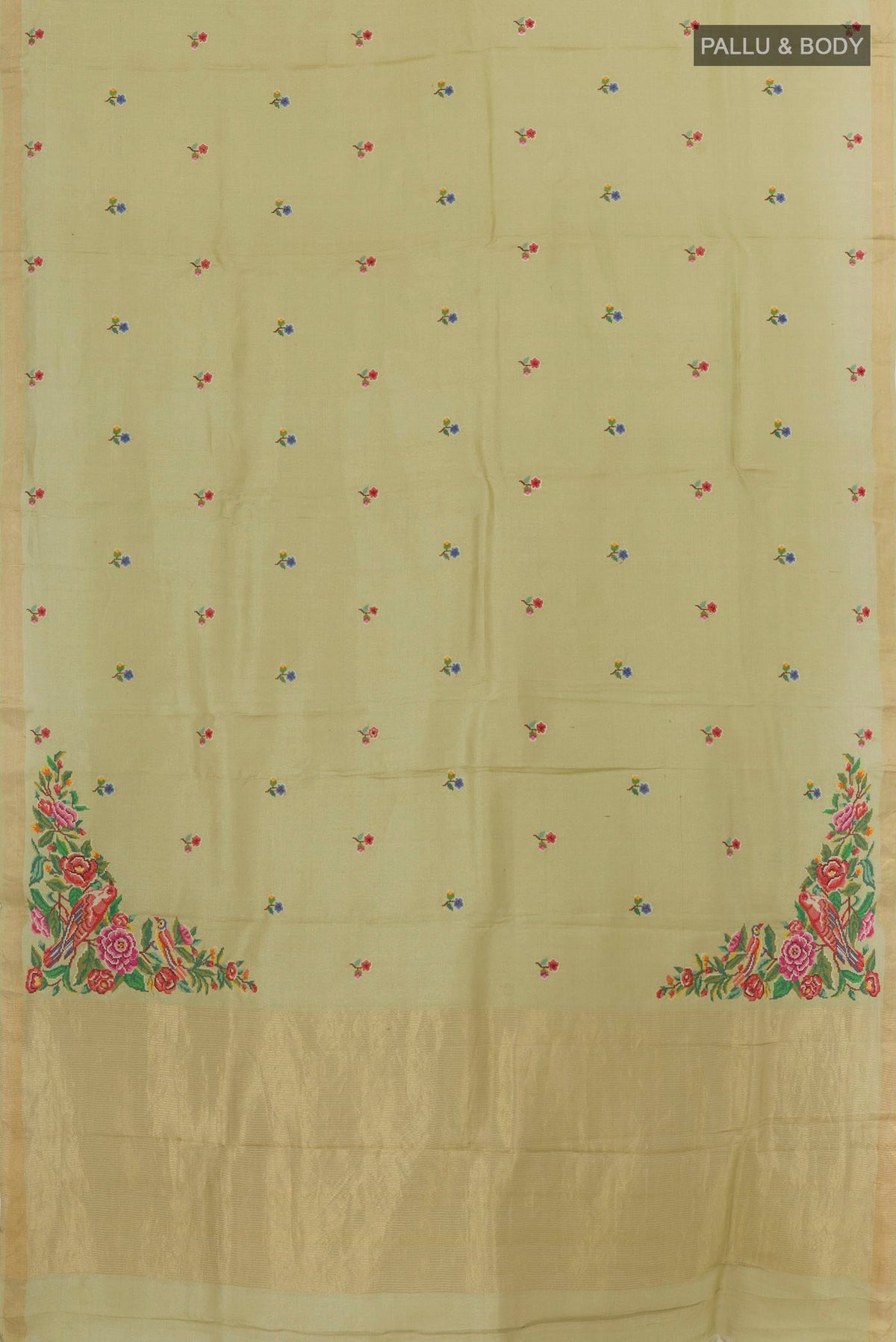 Flat view of Beige Tussar Silk Saree with Embroidery on the body and Zari Border. 