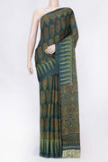 Green Dual Tone Linen Saree with Printed design on the body and Zari Border displayed on a mannequin