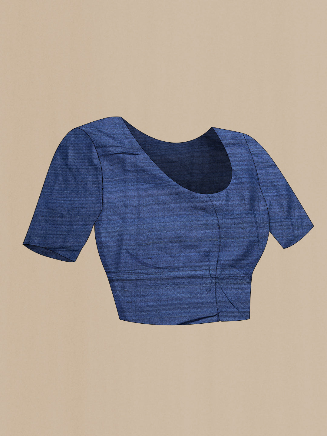 Close up image of the blouse of Navy Blue Dual Tone Tussar Silk Saree with Printed design on the body and Printed Border. 