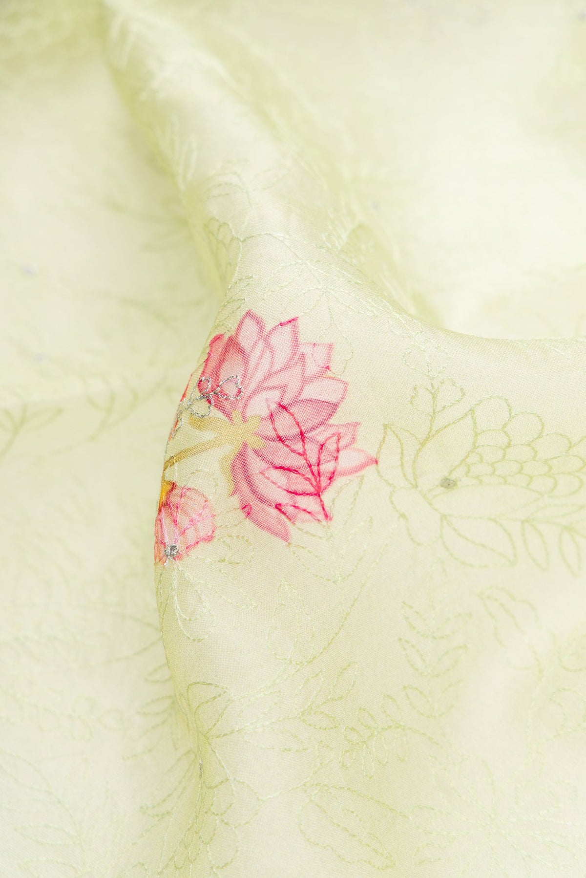 Close up of Pista Green Dual Tone Organza Silk Saree with Embroidery on the body and Printed Border.  displaying folds