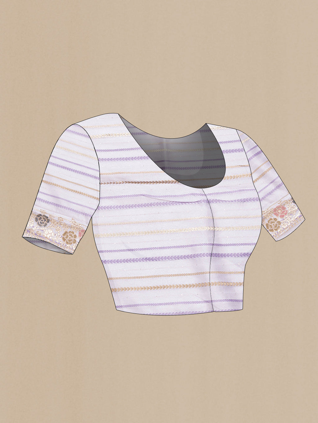 Close up image of the blouse of Lavender Dual Tone Organza Silk Saree with Stripes on the body and Fancy Border. 