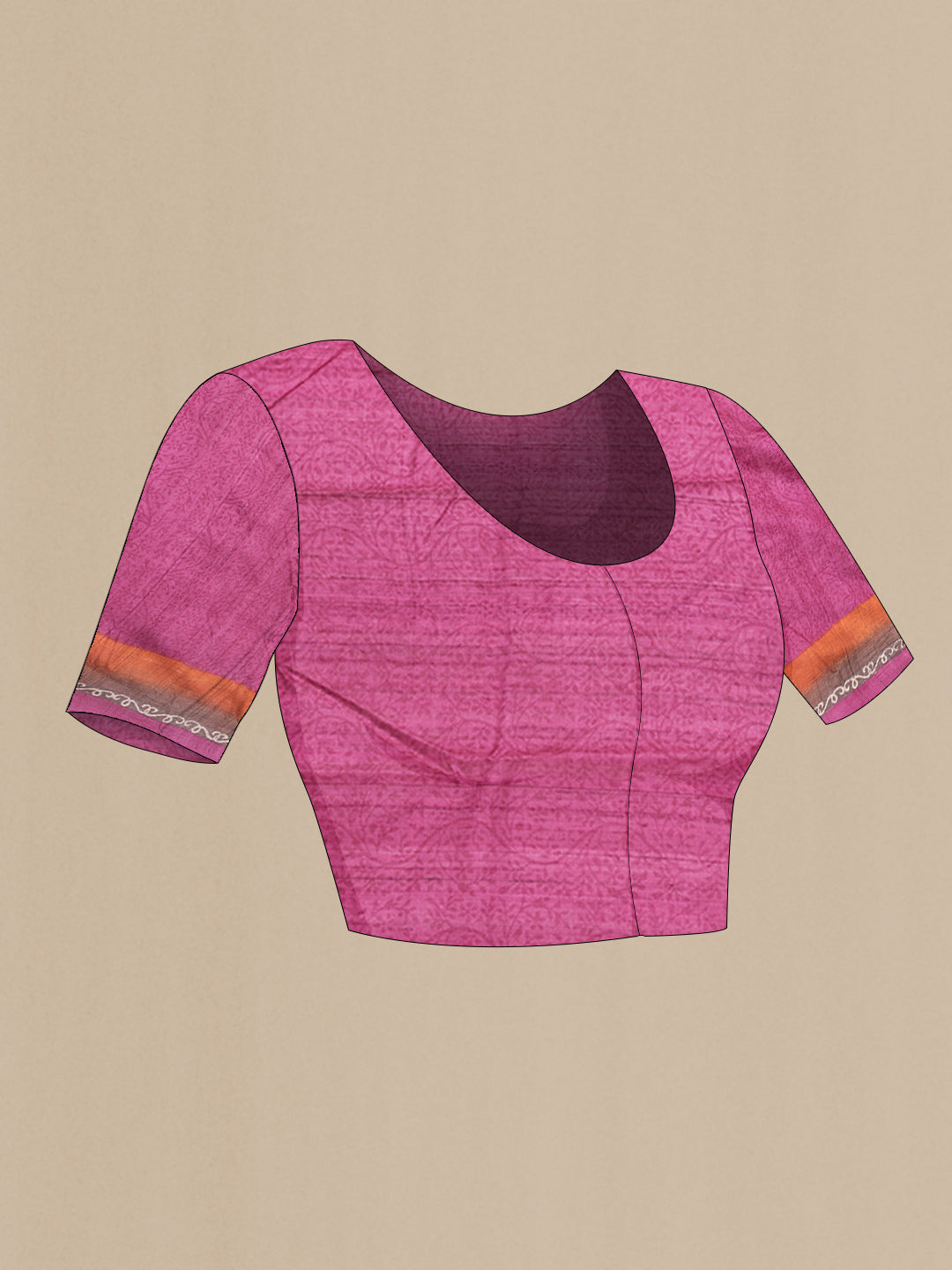 Close up image of the blouse of Beige Tussar Silk Saree with Printed design on the body and Fancy Border. 
