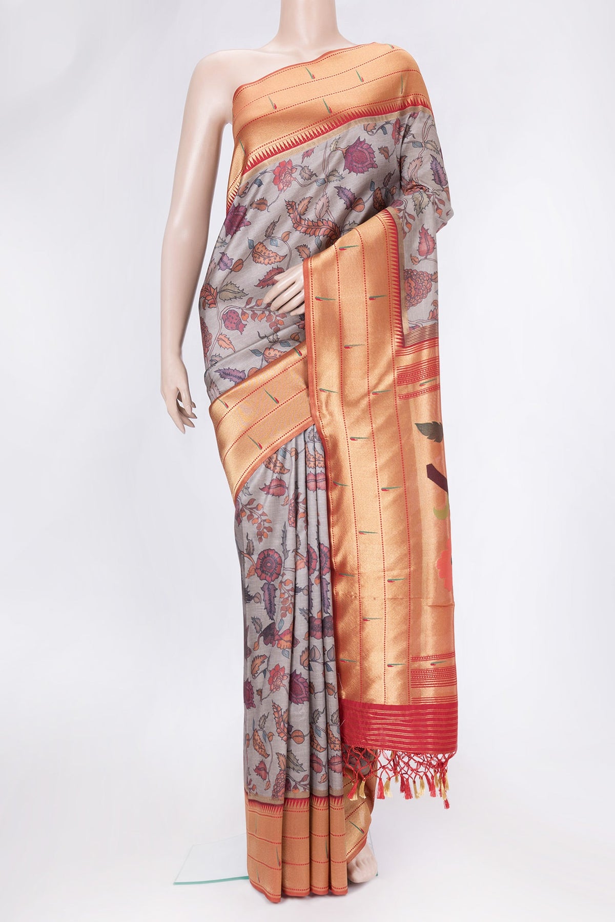Grey Dual Tone Tussar Silk Saree with kalamkari Print on the body and Paithani Border.  displayed on a mannequin