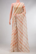 Beige and Maroon Color Organza Silk Saree with Embroidery on the body and Embroidery Border.  displayed on a mannequin