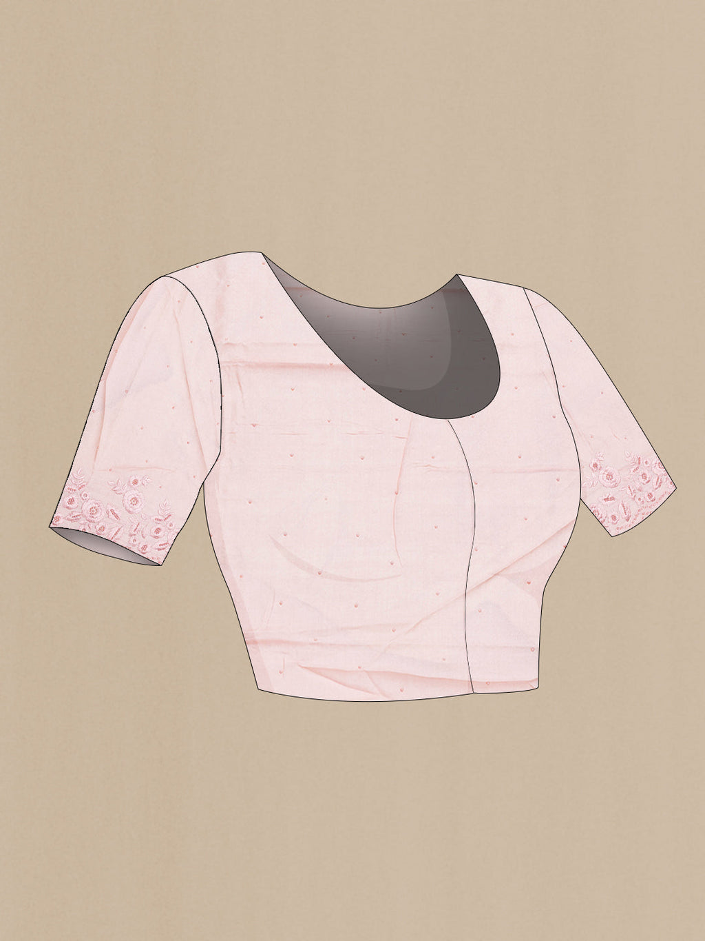 Close up image of the blouse of Rose Gold Dual Tone Tussar Silk Saree with Embroidery on the body and Embroidery Border. 