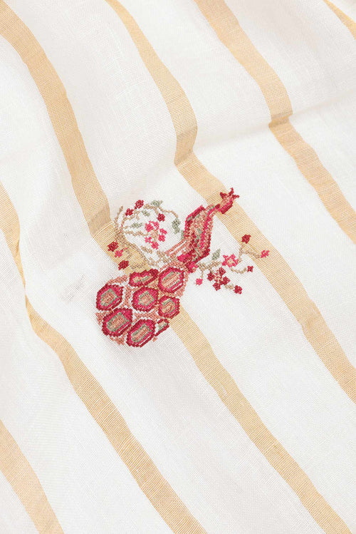 Close up of Beige Dual Tone Linen Saree with Embroidery on the body and Embroidery Border displaying folds