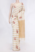 Beige Dual Tone Linen Saree with Embroidery on the body and Embroidery Border displayed on a mannequin